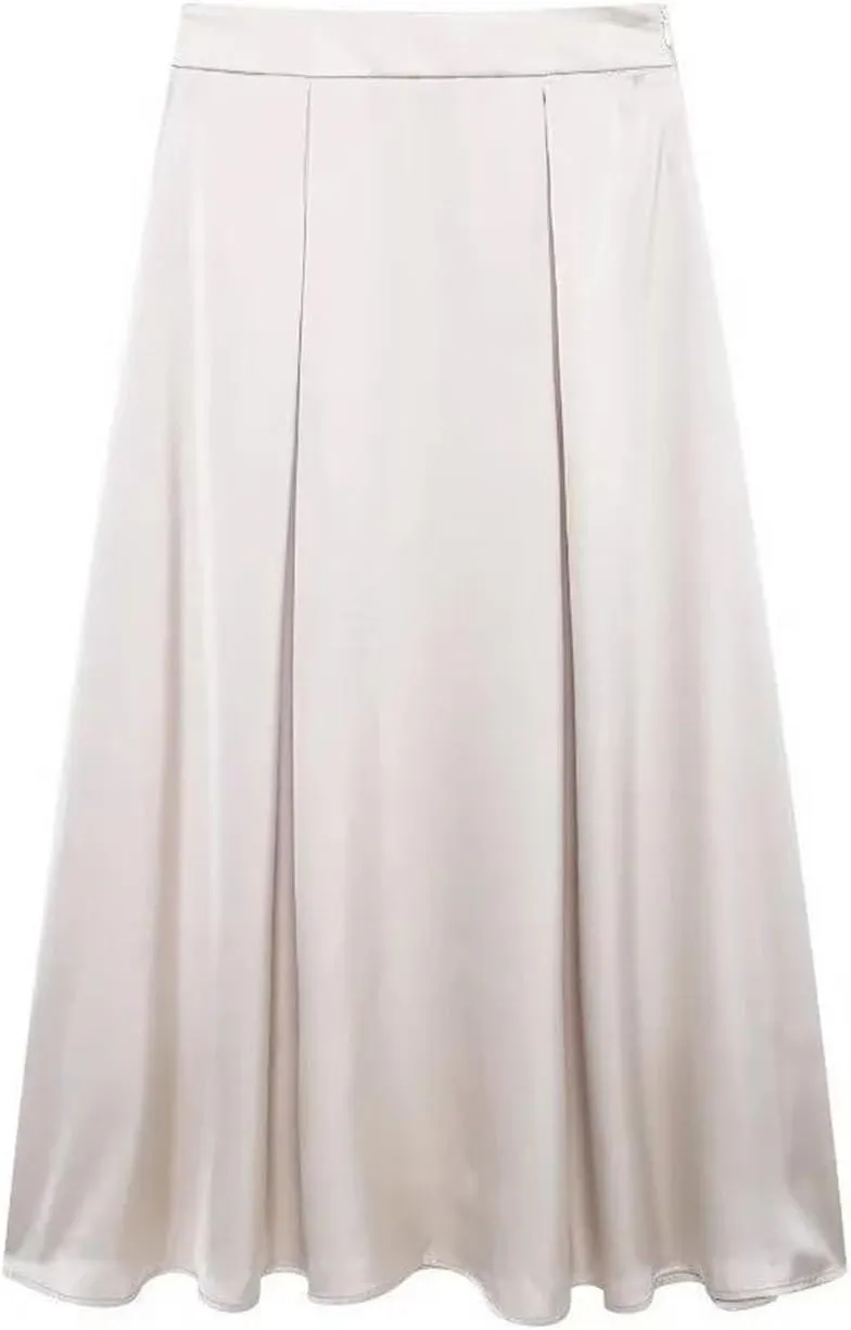 Women High Waist Solid Midi Skirt Female Fashion Pleated Side Zipper A-Line Long Skirt