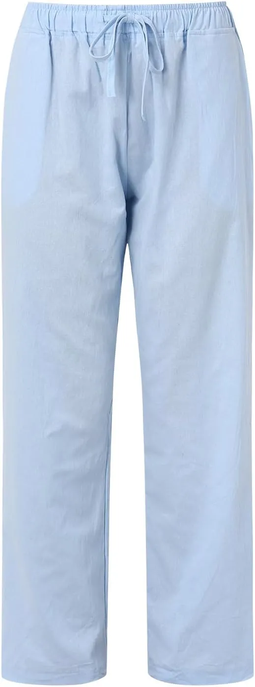 Women High Waist Wide Leg Pants Fashion Drawstring Elastic Beach Trousers Summer Comfy Straight Leg Long Pants Pockets
