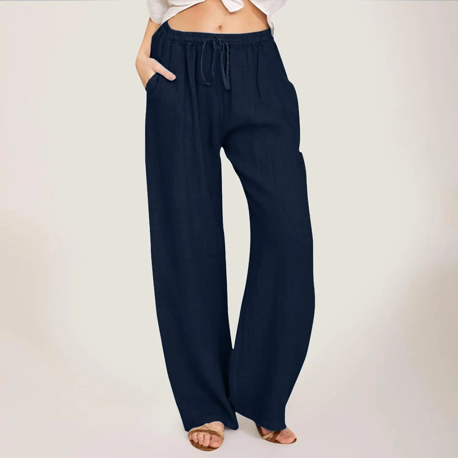 Women High Waist Wide Leg Pants Fashion Drawstring Elastic Beach Trousers Summer Comfy Straight Leg Long Pants Pockets