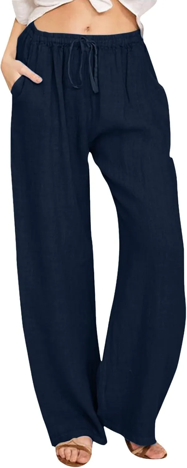 Women High Waist Wide Leg Pants Fashion Drawstring Elastic Beach Trousers Summer Comfy Straight Leg Long Pants Pockets