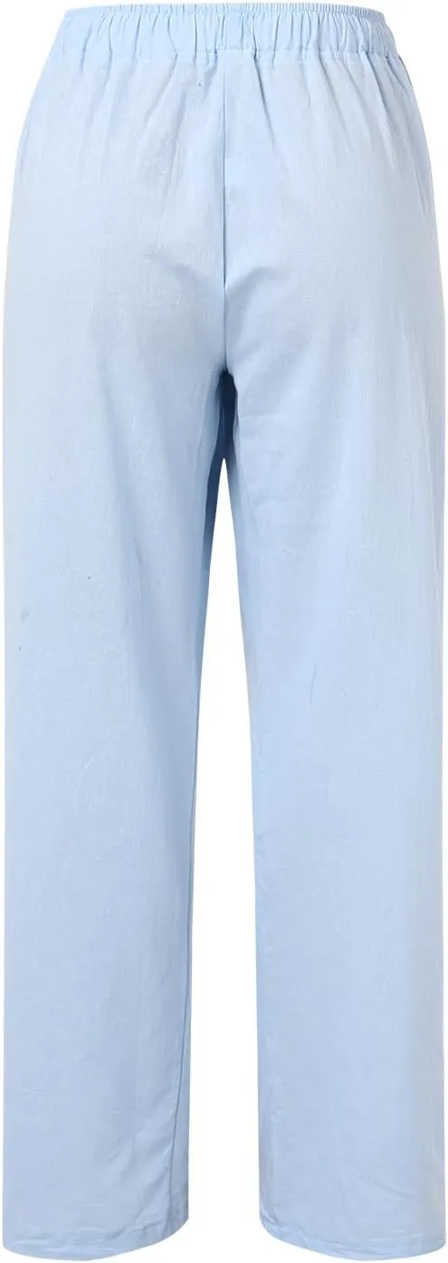 Women High Waist Wide Leg Pants Fashion Drawstring Elastic Beach Trousers Summer Comfy Straight Leg Long Pants Pockets