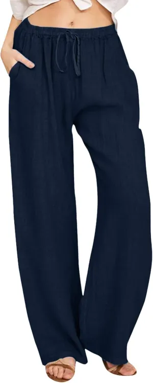 Women High Waist Wide Leg Pants Fashion Drawstring Elastic Beach Trousers Summer Comfy Straight Leg Long Pants Pockets