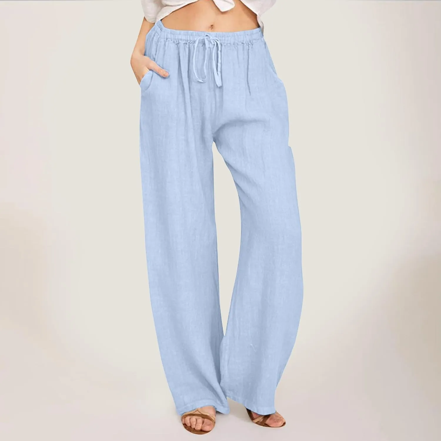 Women High Waist Wide Leg Pants Fashion Drawstring Elastic Beach Trousers Summer Comfy Straight Leg Long Pants Pockets