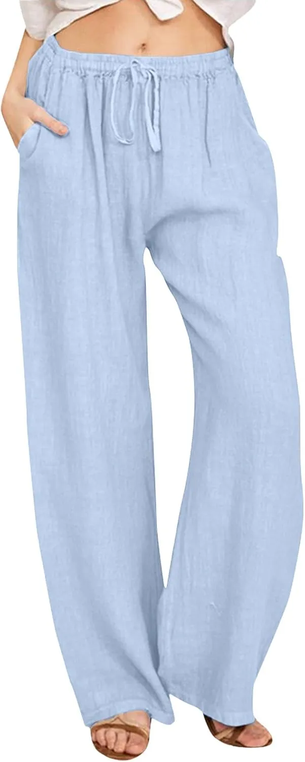 Women High Waist Wide Leg Pants Fashion Drawstring Elastic Beach Trousers Summer Comfy Straight Leg Long Pants Pockets