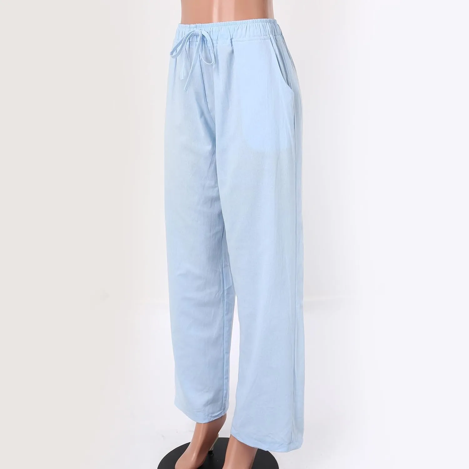 Women High Waist Wide Leg Pants Fashion Drawstring Elastic Beach Trousers Summer Comfy Straight Leg Long Pants Pockets