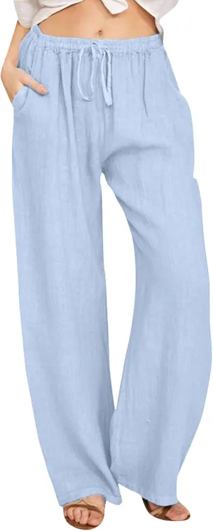 Women High Waist Wide Leg Pants Fashion Drawstring Elastic Beach Trousers Summer Comfy Straight Leg Long Pants Pockets