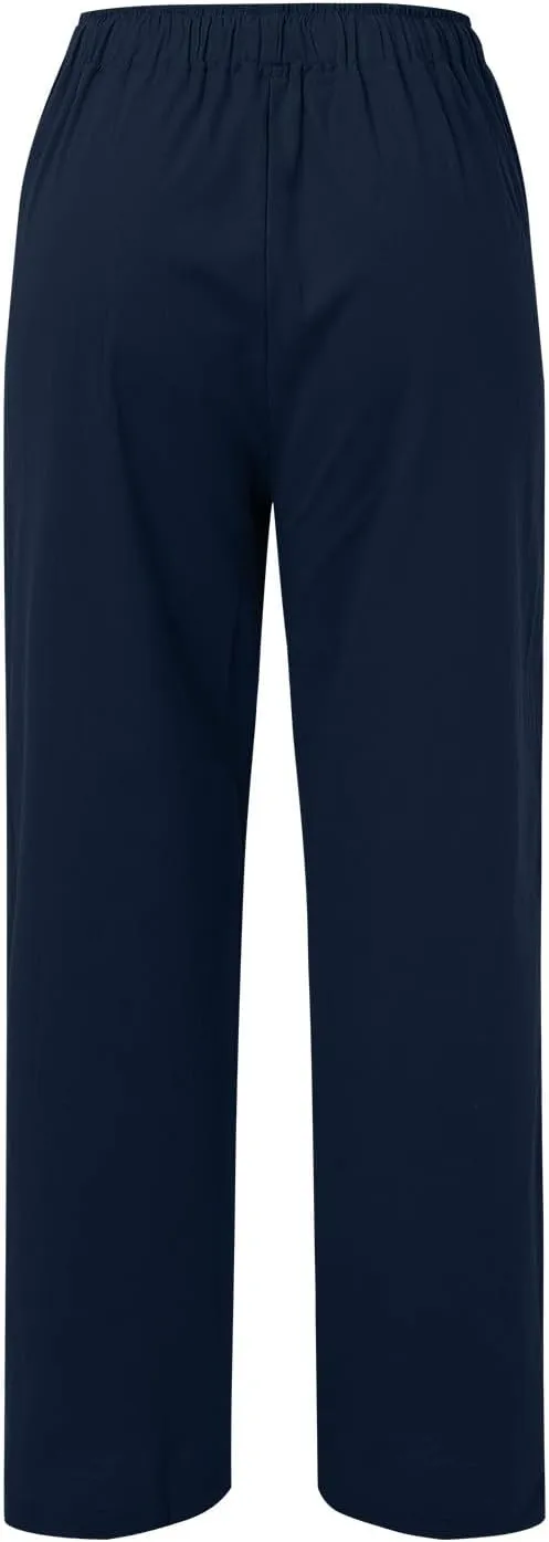 Women High Waist Wide Leg Pants Fashion Drawstring Elastic Beach Trousers Summer Comfy Straight Leg Long Pants Pockets