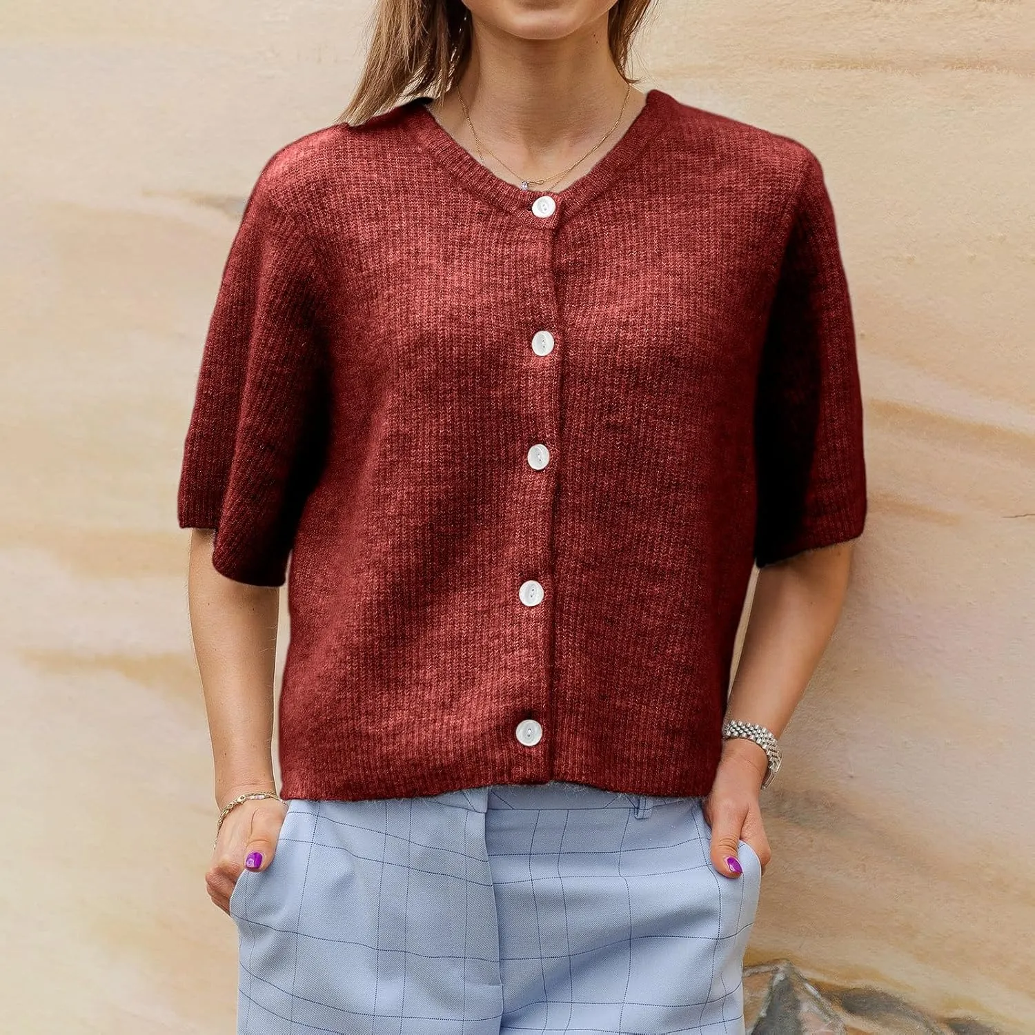 Women Knitted Button Down Short Sleeve Tops Solid Color Round Neck Cardigan Blouse Going Out Sweater Streetwear