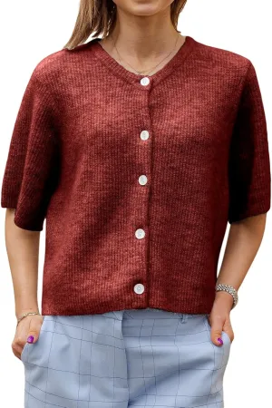 Women Knitted Button Down Short Sleeve Tops Solid Color Round Neck Cardigan Blouse Going Out Sweater Streetwear
