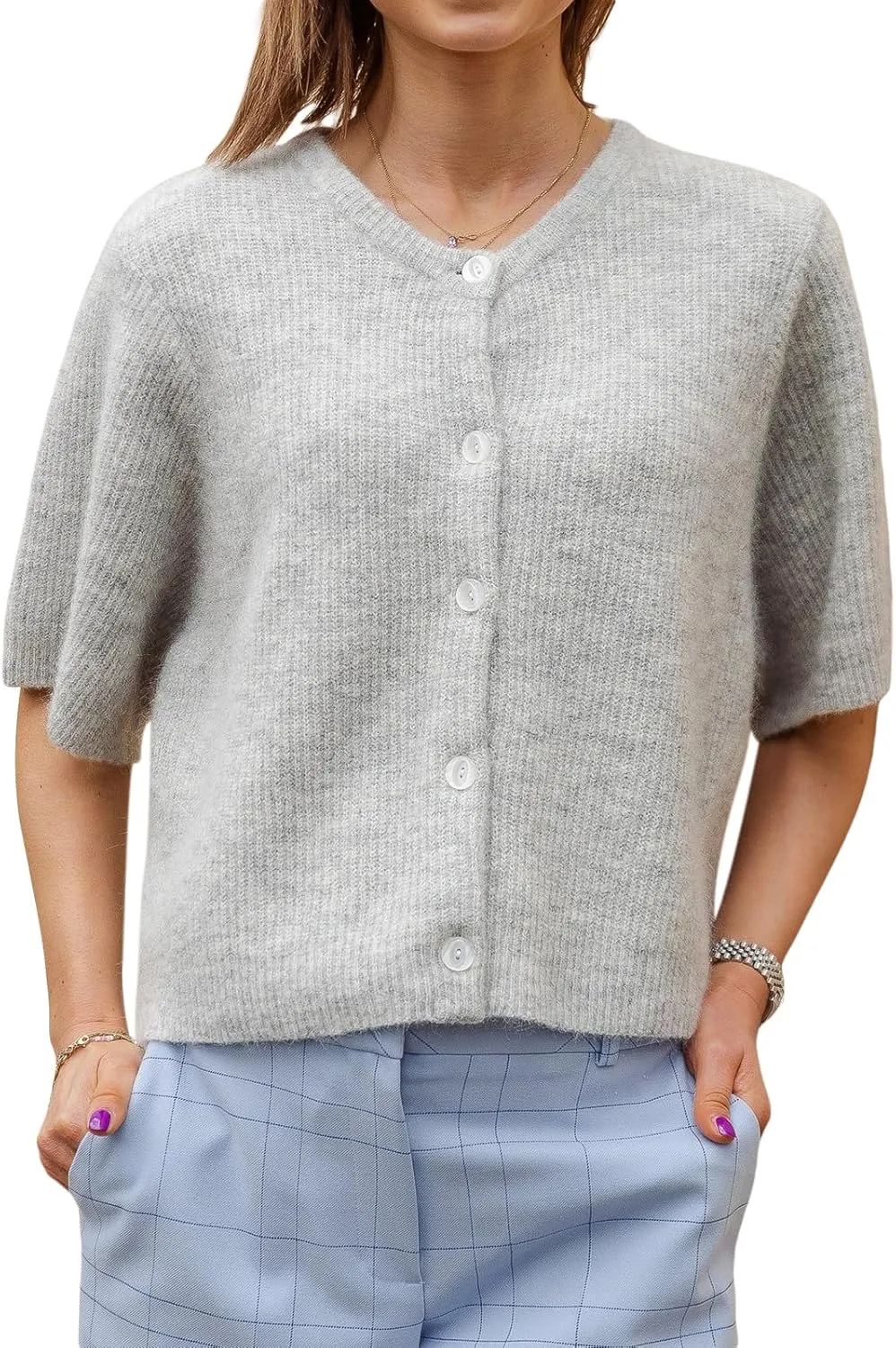 Women Knitted Cropped Cardigan Sweater Short Sleeve Button Down Y2k Top