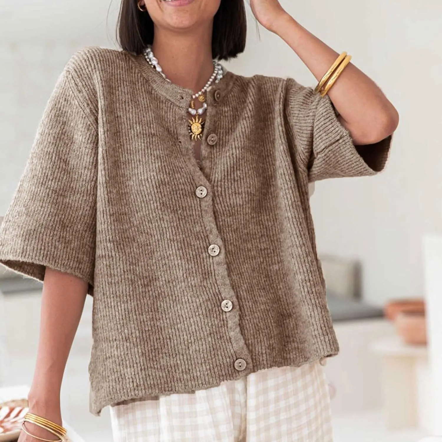 Women Knitted Cropped Cardigan Sweater Short Sleeve Button Down Y2k Top