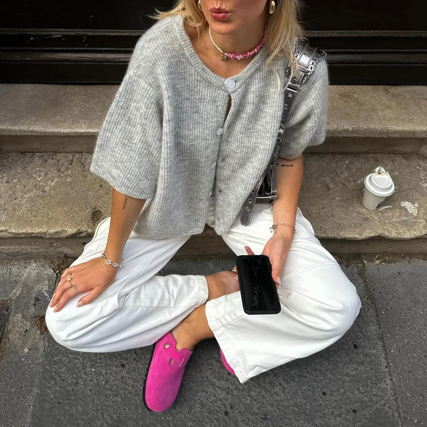 Women Knitted Cropped Cardigan Sweater Short Sleeve Button Down Y2k Top