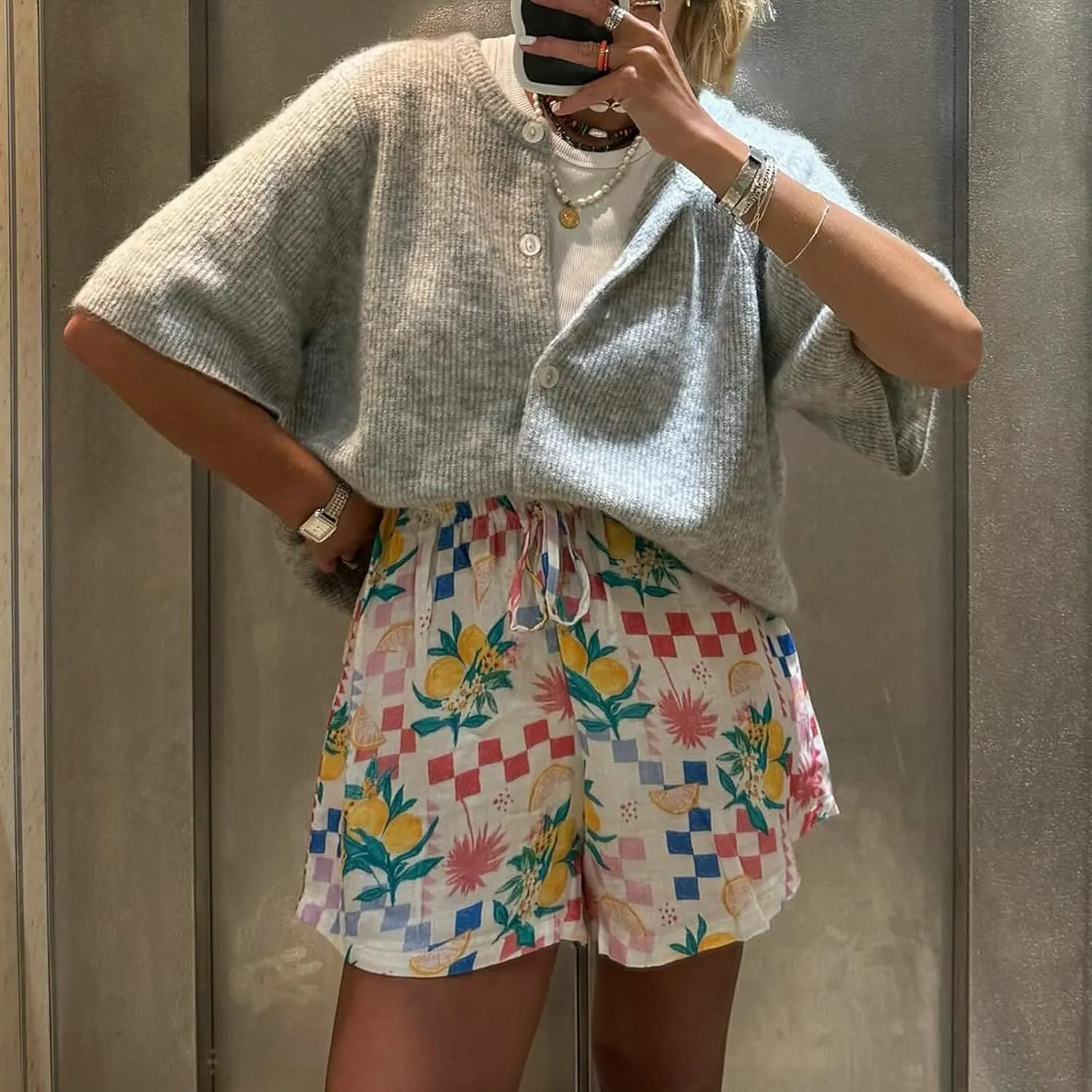 Women Knitted Cropped Cardigan Sweater Short Sleeve Button Down Y2k Top