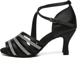 Women Latin Dance Shoes Open Toe Satin Bachata Salsa Professional Performance Ballroom Dancing Shoes,Model YCL632-7.5cm Heel