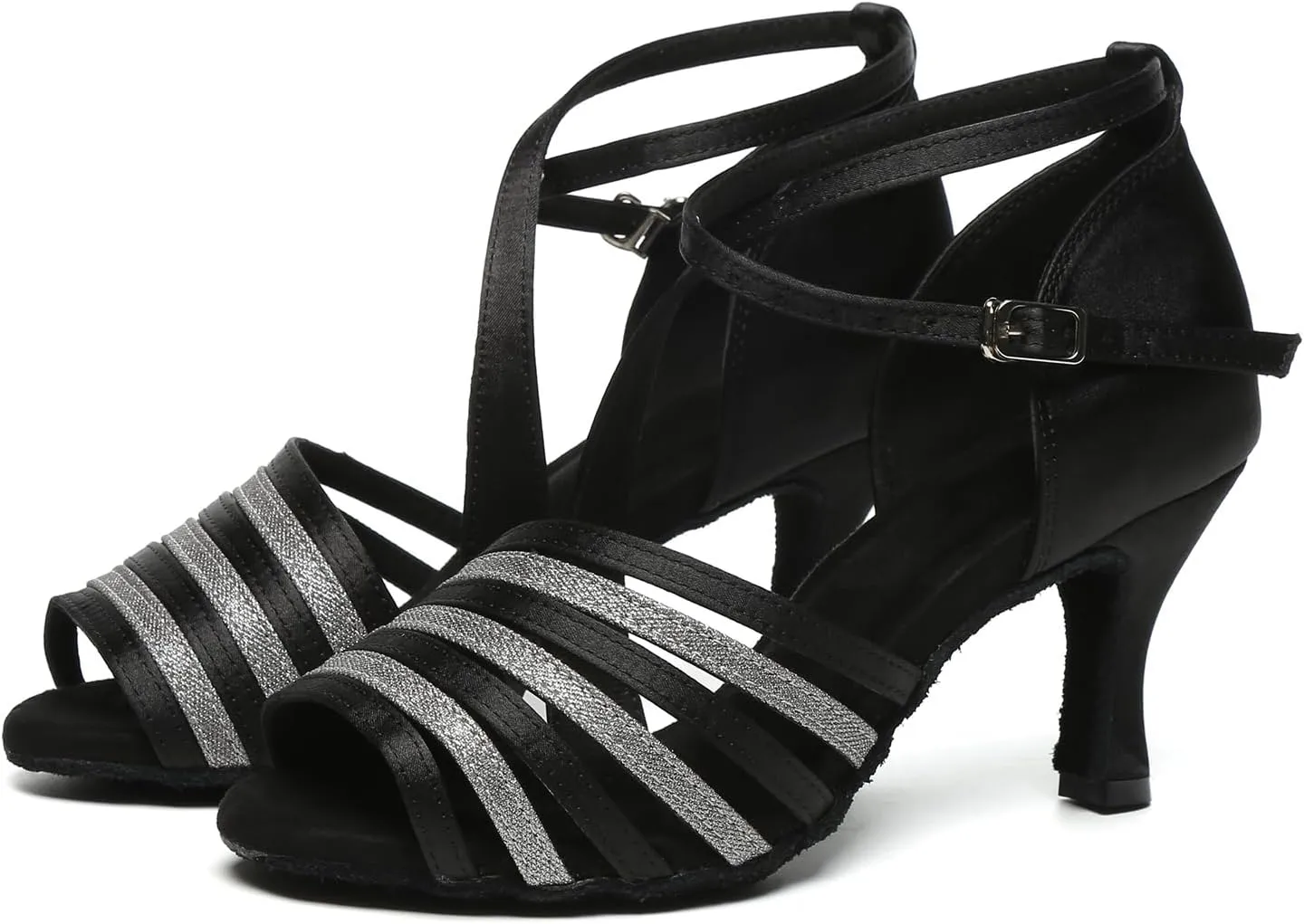 Women Latin Dance Shoes Open Toe Satin Bachata Salsa Professional Performance Ballroom Dancing Shoes,Model YCL632-7.5cm Heel