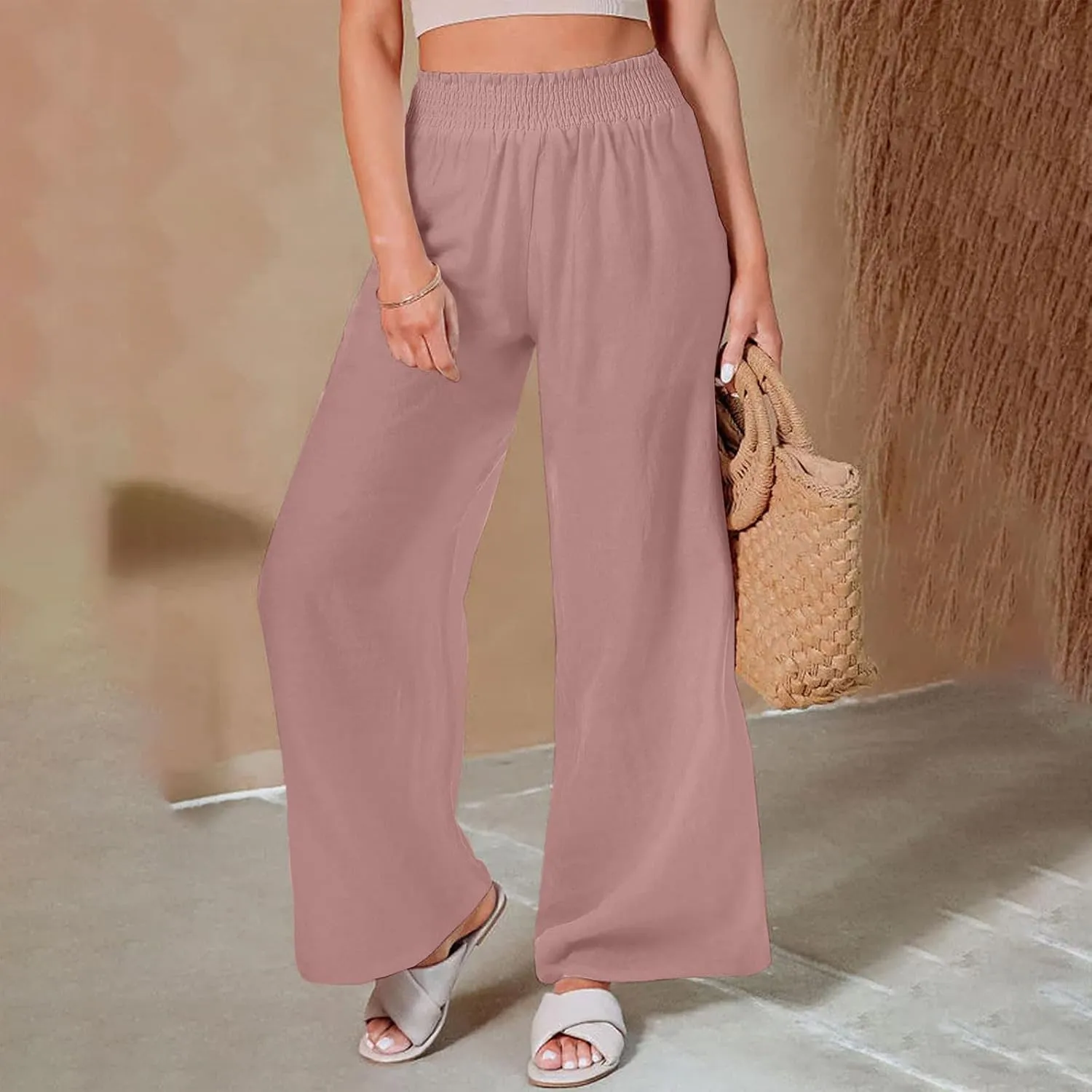 Women Linen Palazzo Pants High Waisted Wide Leg Pants Loose Fit Trousers Pants Wide Waisted Pants Summer Casual Lounge Pants