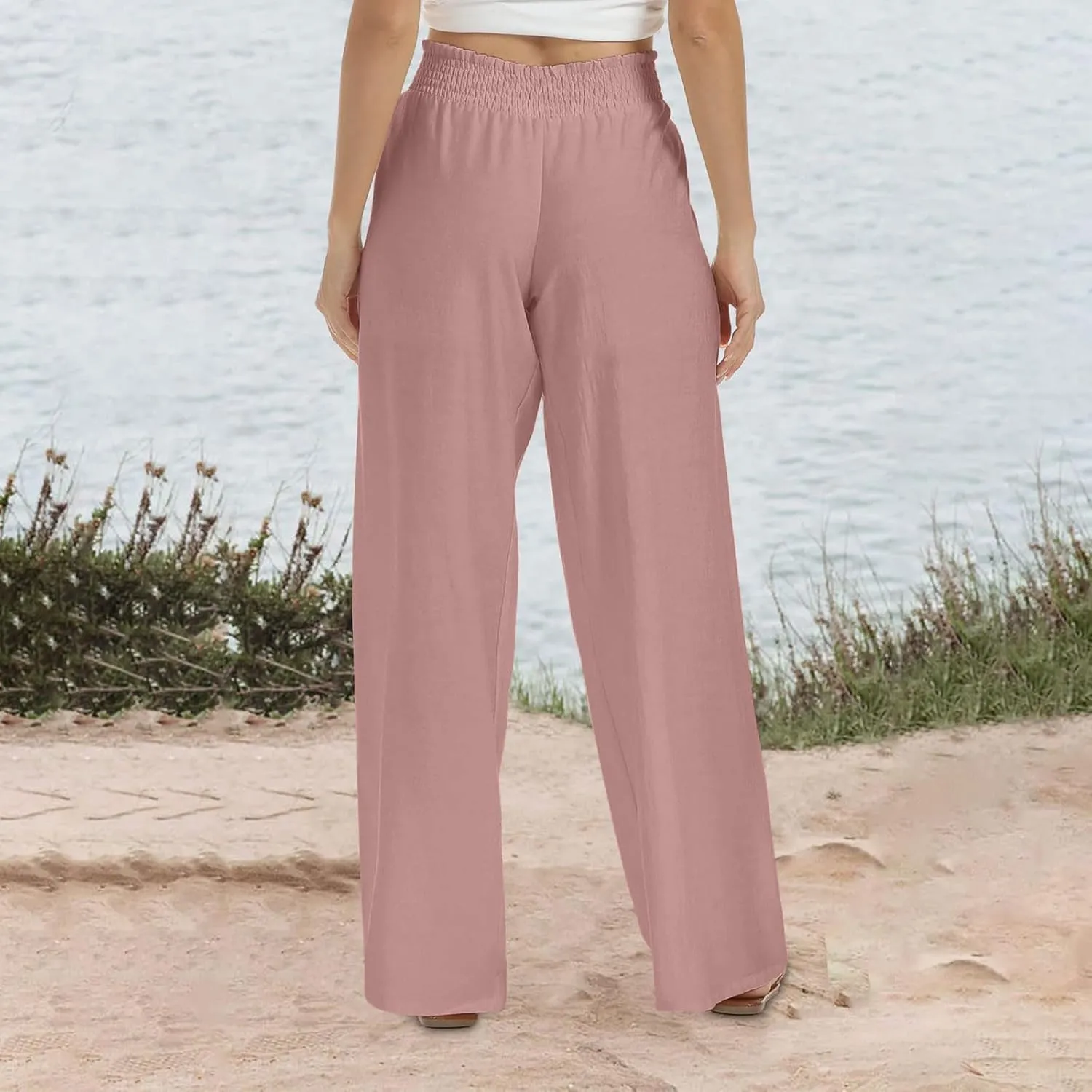 Women Linen Palazzo Pants High Waisted Wide Leg Pants Loose Fit Trousers Pants Wide Waisted Pants Summer Casual Lounge Pants