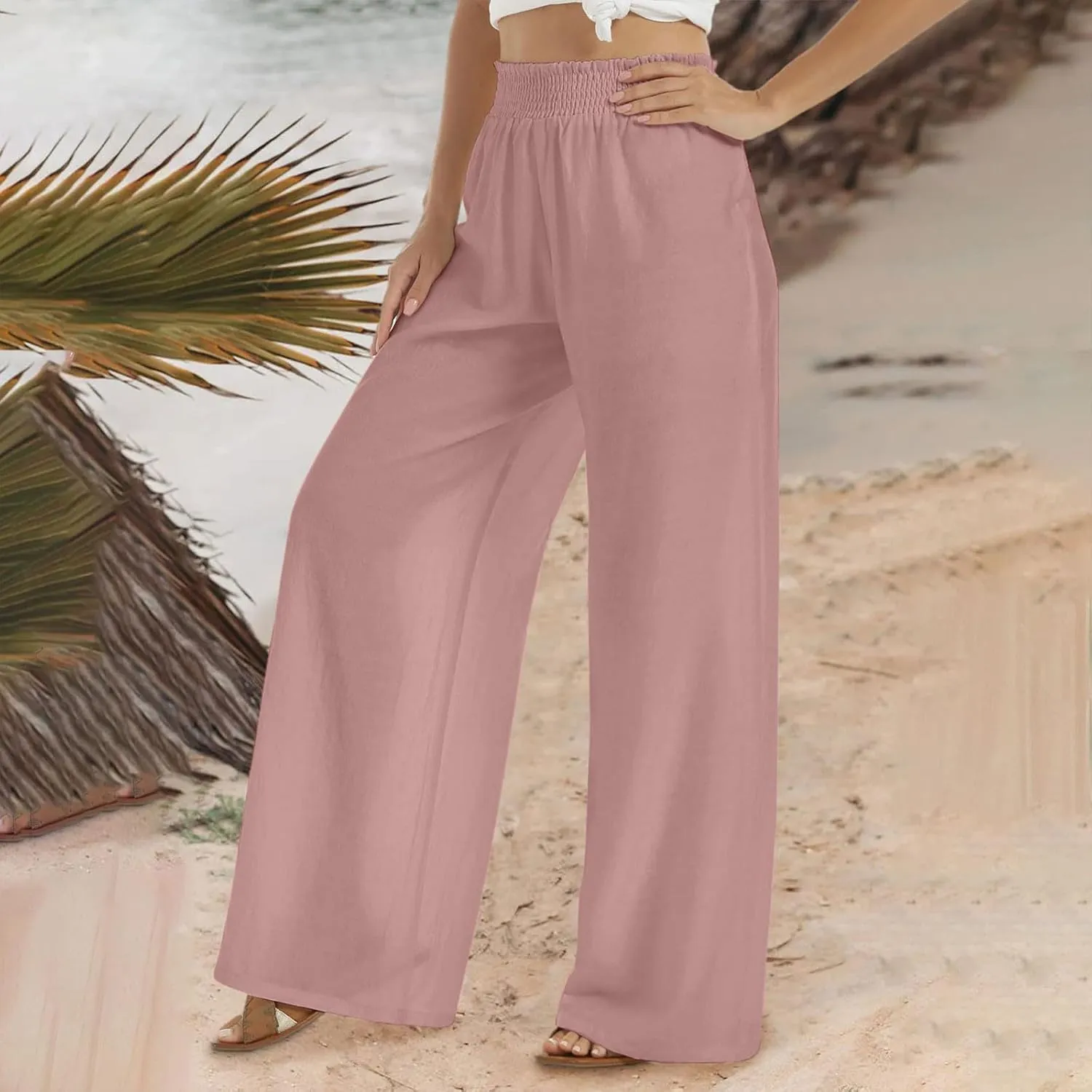 Women Linen Palazzo Pants High Waisted Wide Leg Pants Loose Fit Trousers Pants Wide Waisted Pants Summer Casual Lounge Pants