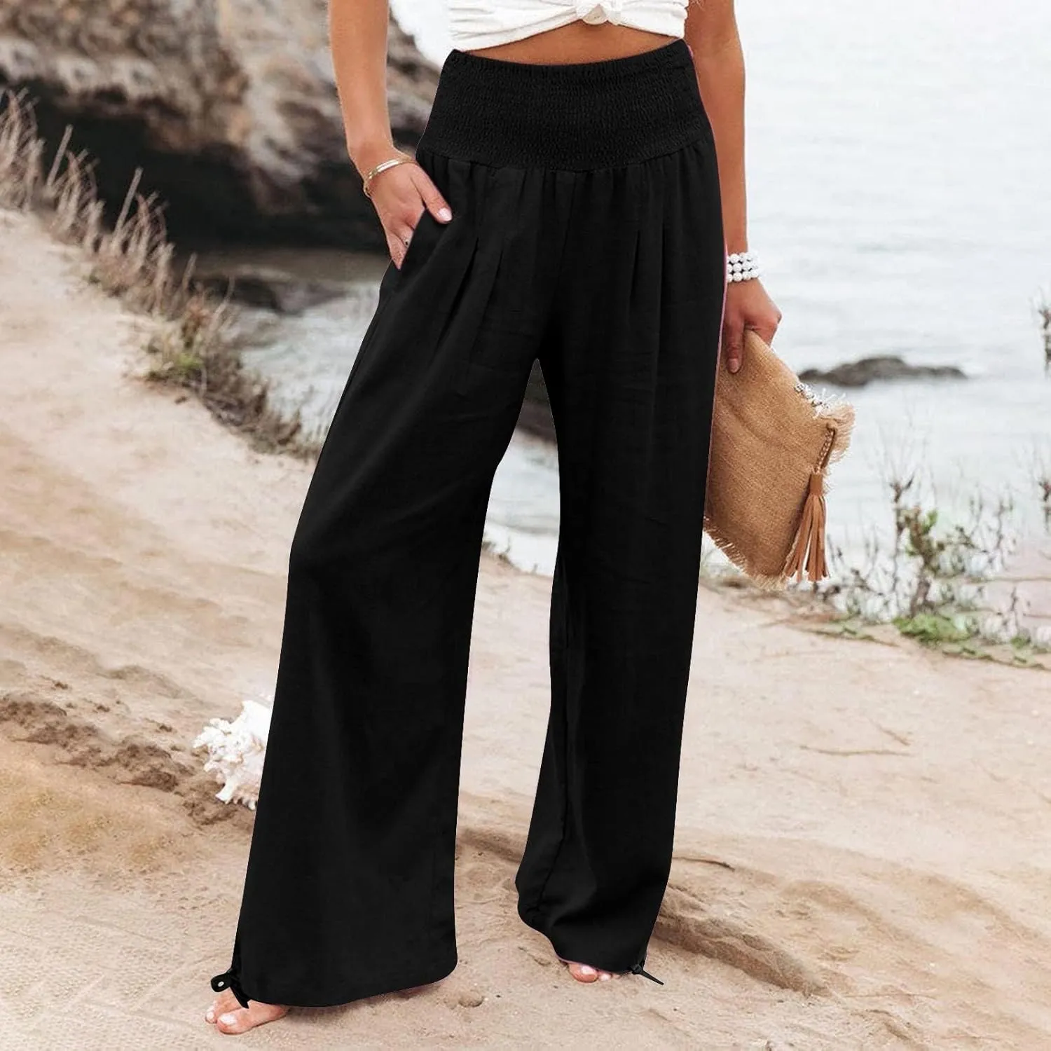 Women Linen Palazzo Pants Wide Leg Elastic High Waist Lounge Summer Casual Boho Trousers Travel Trendy Palazzo Pants