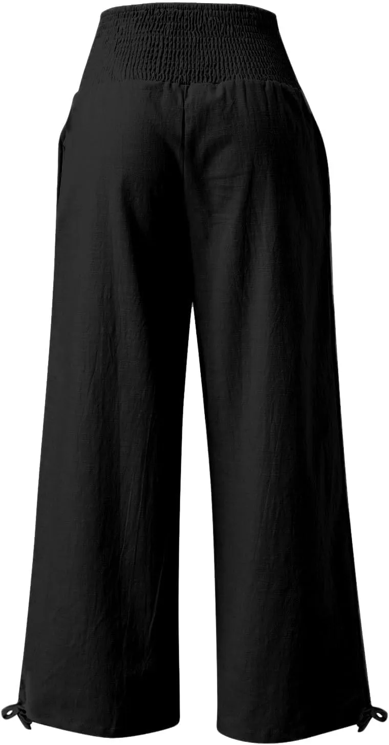 Women Linen Palazzo Pants Wide Leg Elastic High Waist Lounge Summer Casual Boho Trousers Travel Trendy Palazzo Pants