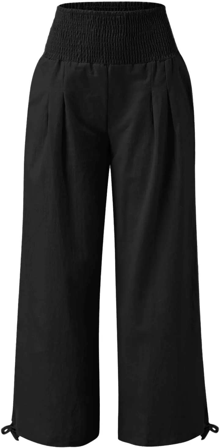 Women Linen Palazzo Pants Wide Leg Elastic High Waist Lounge Summer Casual Boho Trousers Travel Trendy Palazzo Pants