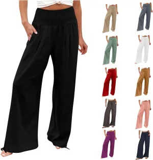 Women Linen Palazzo Pants Wide Leg Elastic High Waist Lounge Summer Casual Boho Trousers Travel Trendy Palazzo Pants