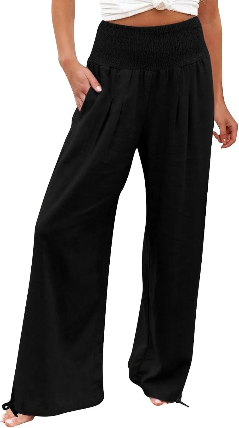 Women Linen Palazzo Pants Wide Leg Elastic High Waist Lounge Summer Casual Boho Trousers Travel Trendy Palazzo Pants