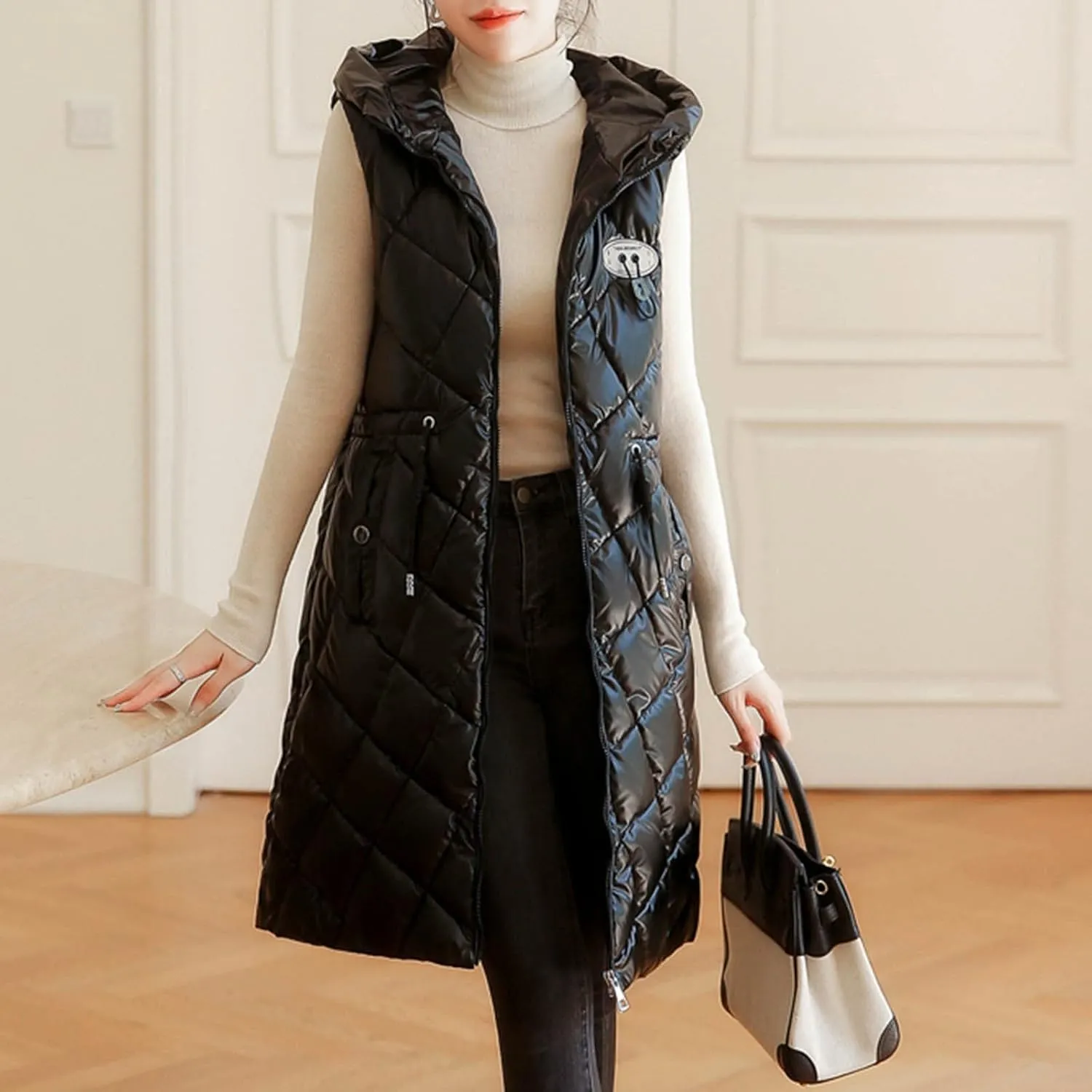 Women Long Puffer Vest Sleeveless Hooded Casual Jacket Drawstring Zip Up Quilted Puff Warm 2024 Winter Fashion Jacket