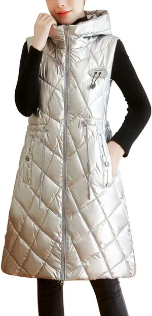 Women Long Puffer Vest Sleeveless Hooded Casual Jacket Drawstring Zip Up Quilted Puff Warm 2024 Winter Fashion Jacket