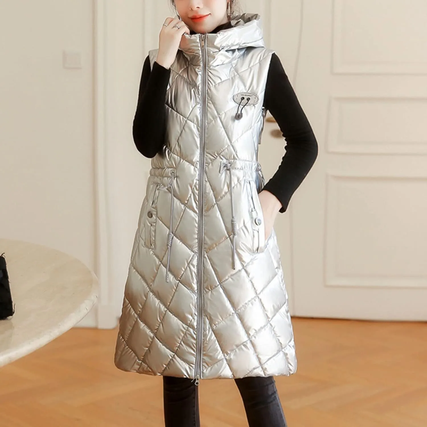 Women Long Puffer Vest Sleeveless Hooded Casual Jacket Drawstring Zip Up Quilted Puff Warm 2024 Winter Fashion Jacket