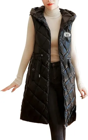 Women Long Puffer Vest Sleeveless Hooded Casual Jacket Drawstring Zip Up Quilted Puff Warm 2024 Winter Fashion Jacket