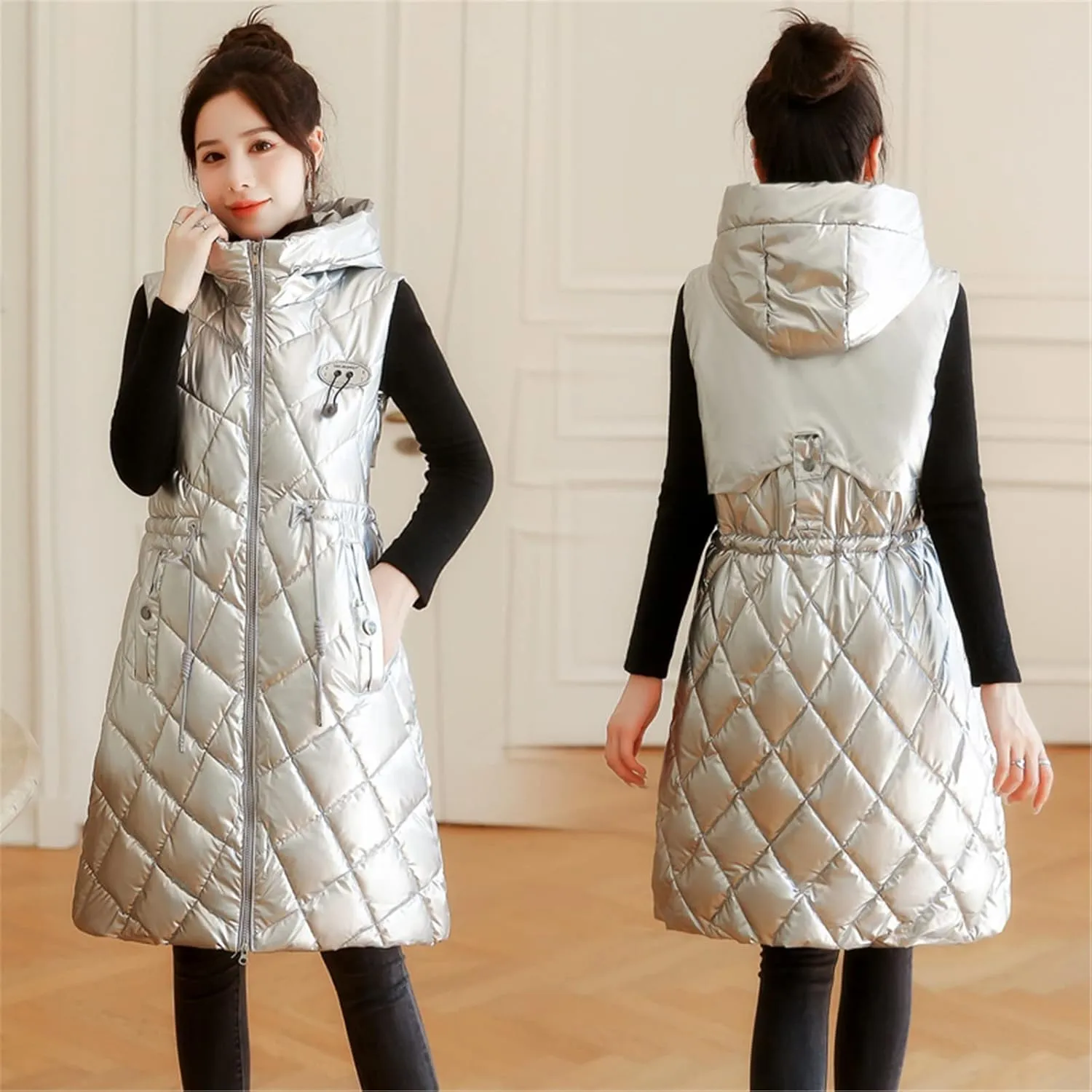 Women Long Puffer Vest Sleeveless Hooded Casual Jacket Drawstring Zip Up Quilted Puff Warm 2024 Winter Fashion Jacket