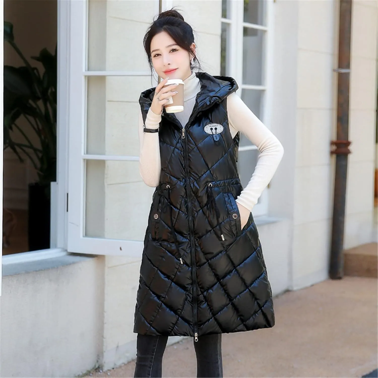 Women Long Puffer Vest Sleeveless Hooded Casual Jacket Drawstring Zip Up Quilted Puff Warm 2024 Winter Fashion Jacket