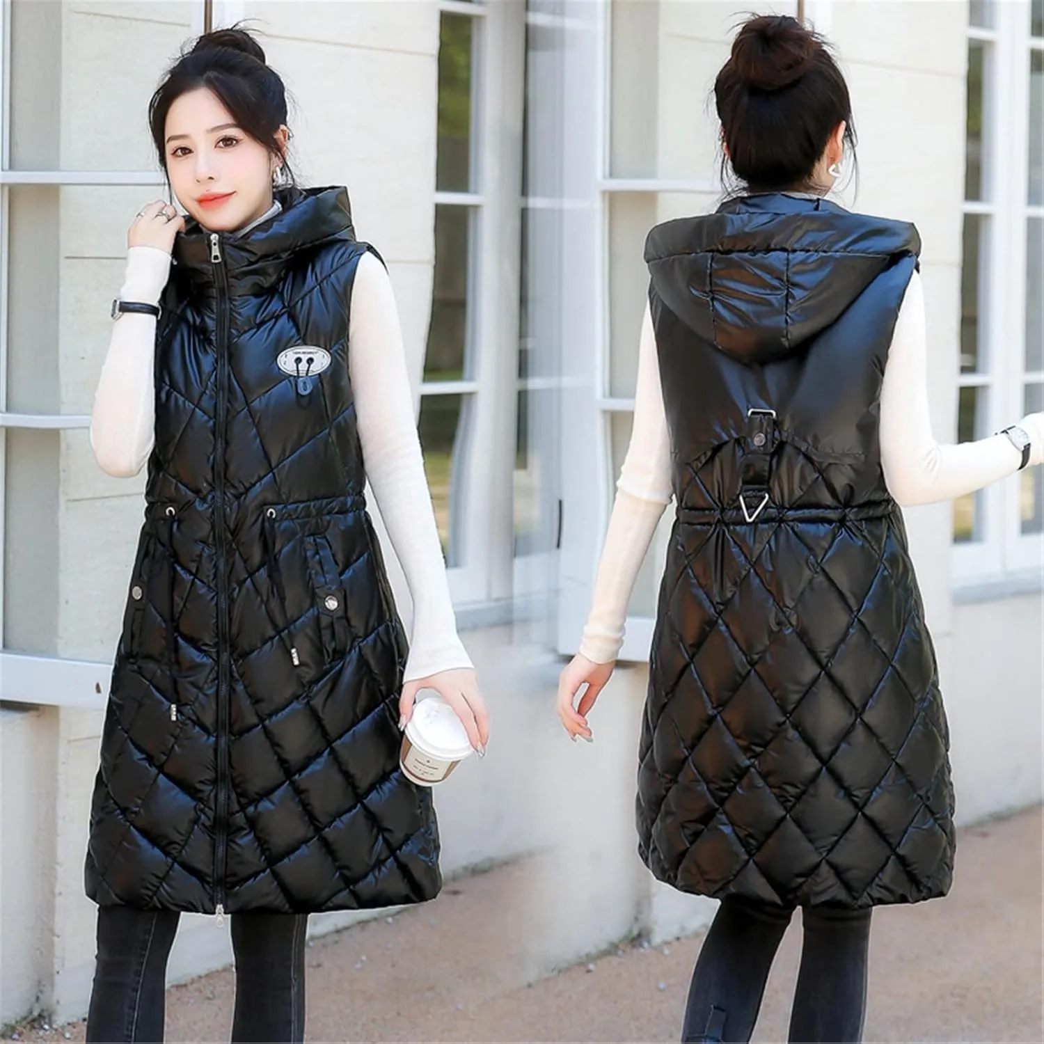 Women Long Puffer Vest Sleeveless Hooded Casual Jacket Drawstring Zip Up Quilted Puff Warm 2024 Winter Fashion Jacket