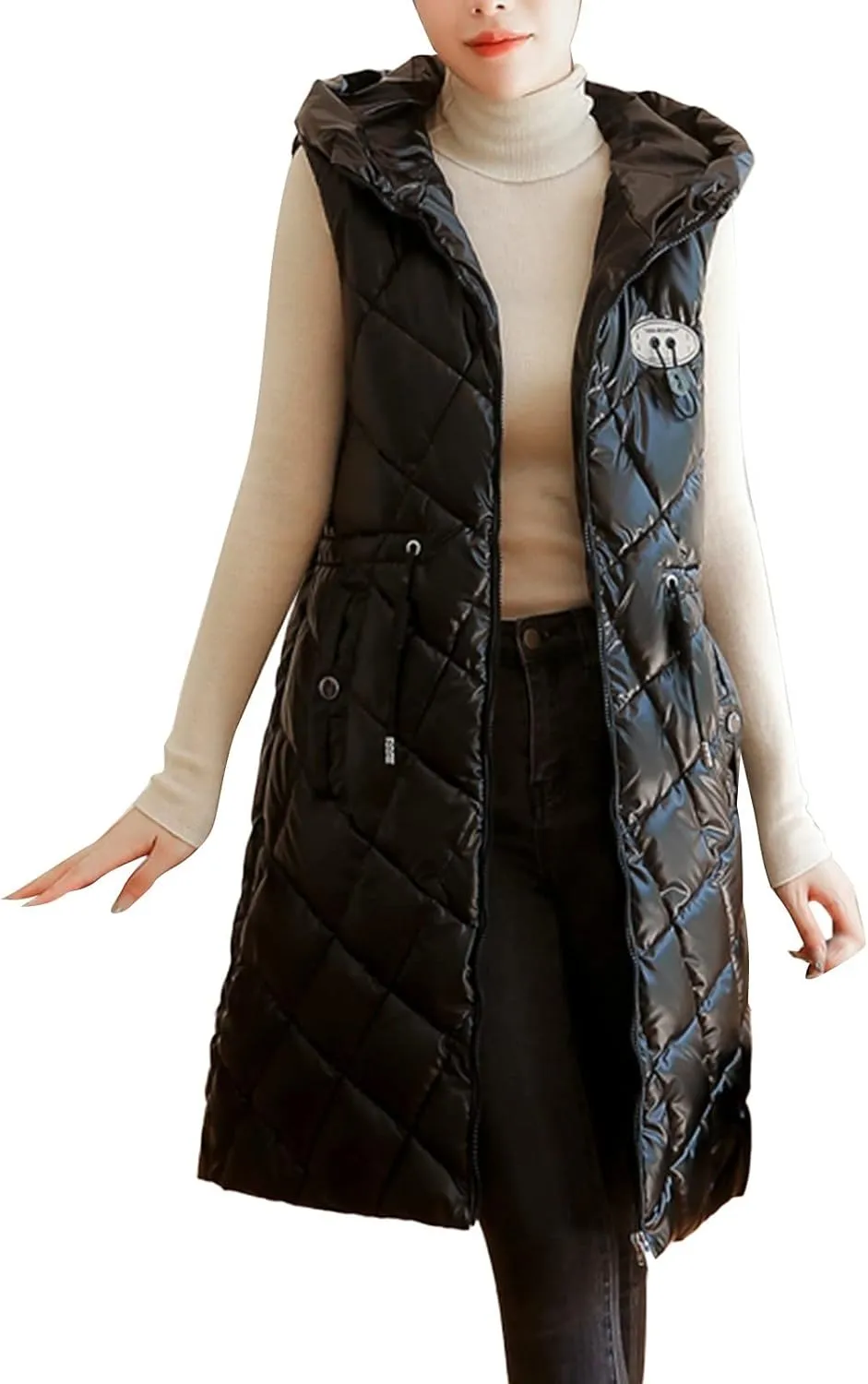 Women Long Puffer Vest Sleeveless Hooded Casual Jacket Drawstring Zip Up Quilted Puff Warm 2024 Winter Fashion Jacket