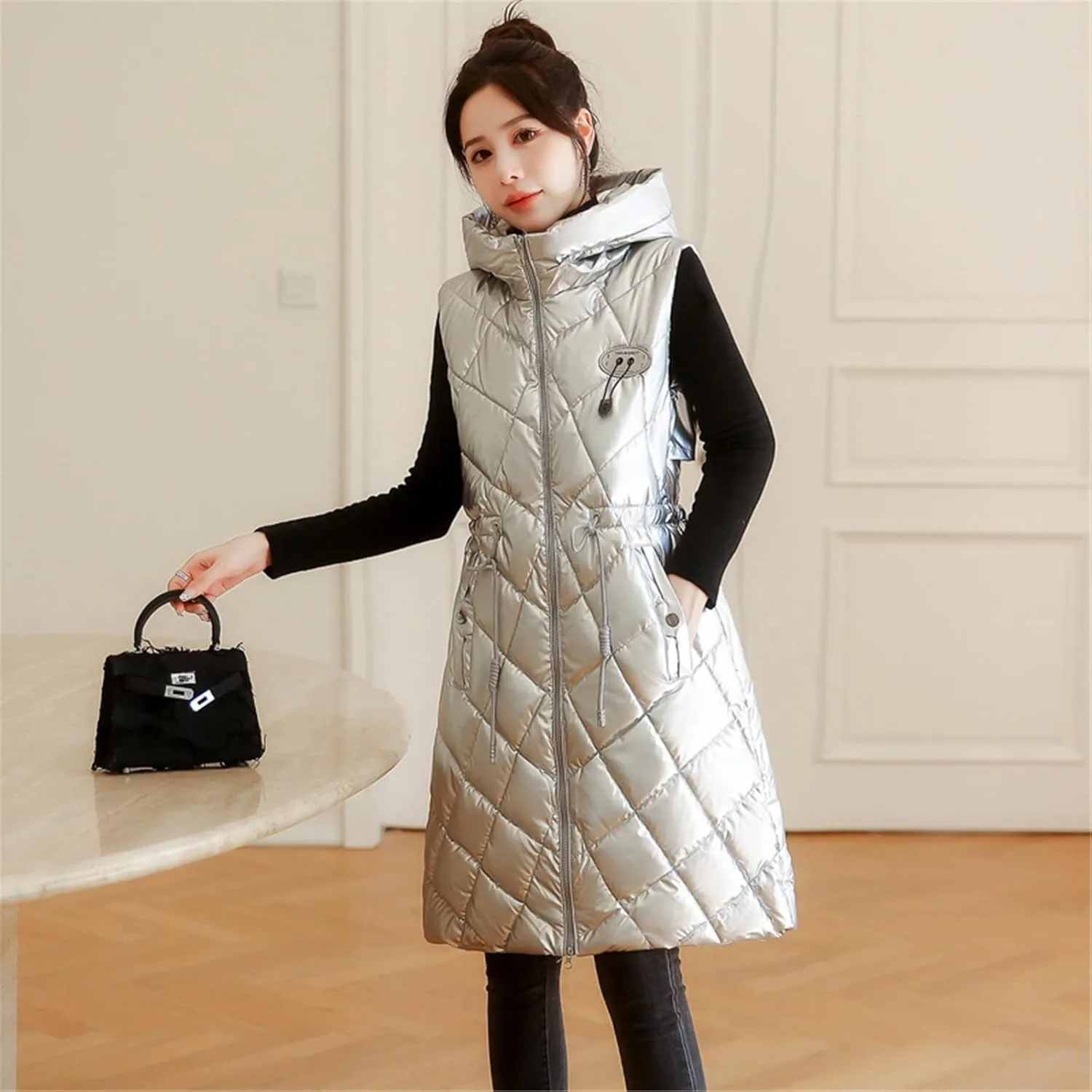 Women Long Puffer Vest Sleeveless Hooded Casual Jacket Drawstring Zip Up Quilted Puff Warm 2024 Winter Fashion Jacket