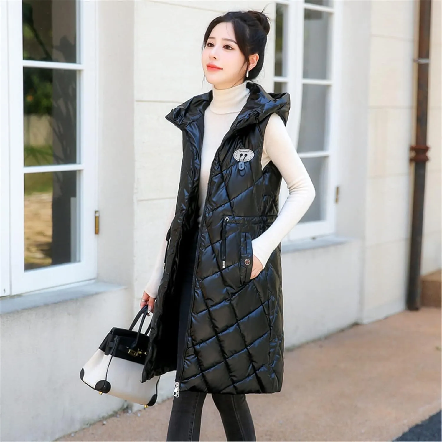 Women Long Puffer Vest Sleeveless Hooded Casual Jacket Drawstring Zip Up Quilted Puff Warm 2024 Winter Fashion Jacket