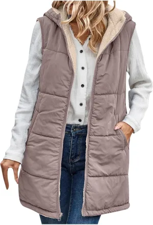 Women Long Puffer Vest Sleveless Fleece Jacket Hoodies Zip Up Down Coats 2024 Warm Winter Reversible Coat Outerwear