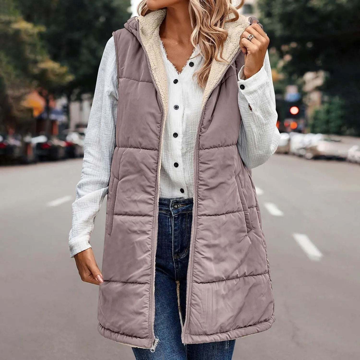 Women Long Puffer Vest Sleveless Fleece Jacket Hoodies Zip Up Down Coats 2024 Warm Winter Reversible Coat Outerwear