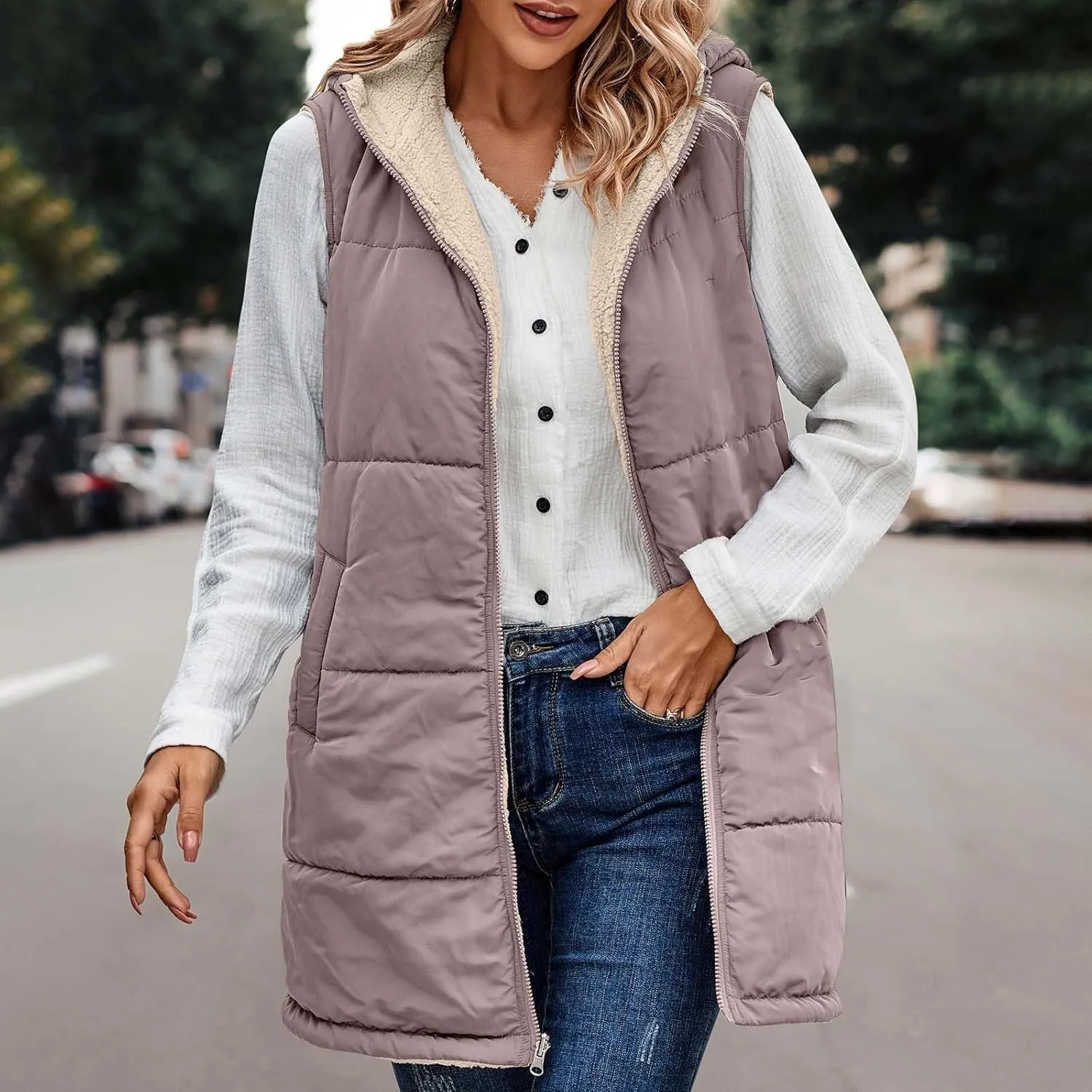 Women Long Puffer Vest Sleveless Fleece Jacket Hoodies Zip Up Down Coats 2024 Warm Winter Reversible Coat Outerwear