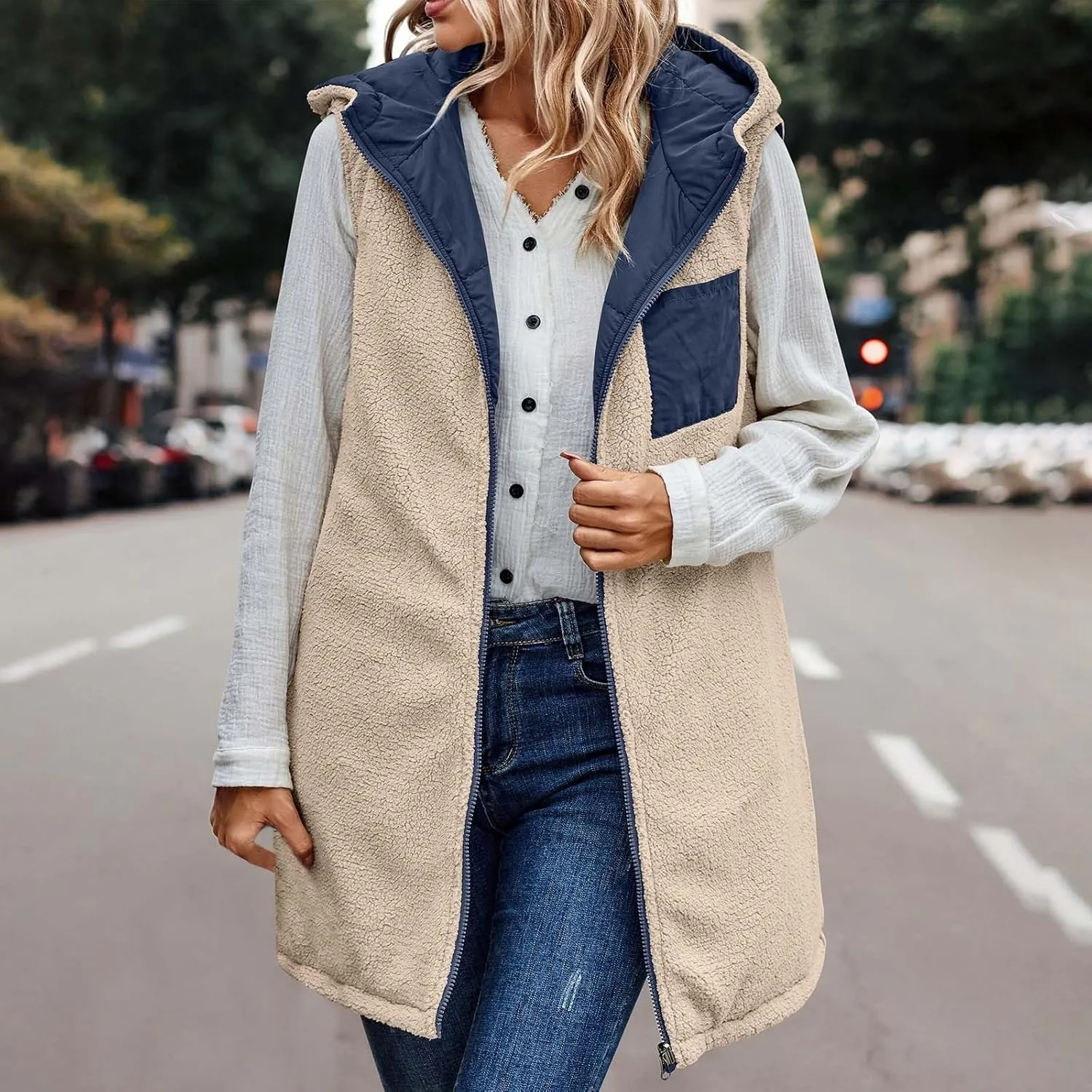 Women Long Puffer Vest Sleveless Fleece Jacket Hoodies Zip Up Down Coats 2024 Warm Winter Reversible Coat Outerwear