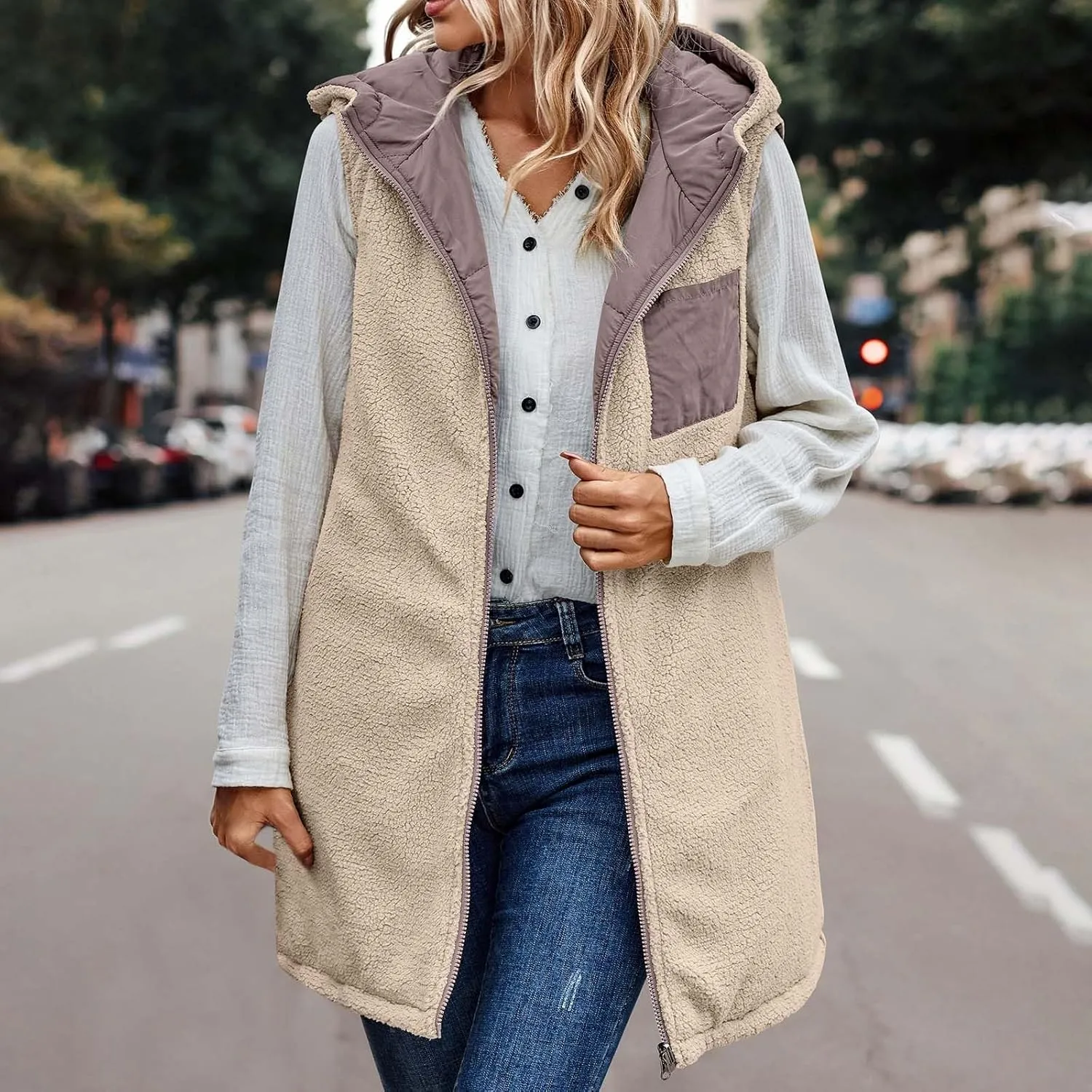 Women Long Puffer Vest Sleveless Fleece Jacket Hoodies Zip Up Down Coats 2024 Warm Winter Reversible Coat Outerwear