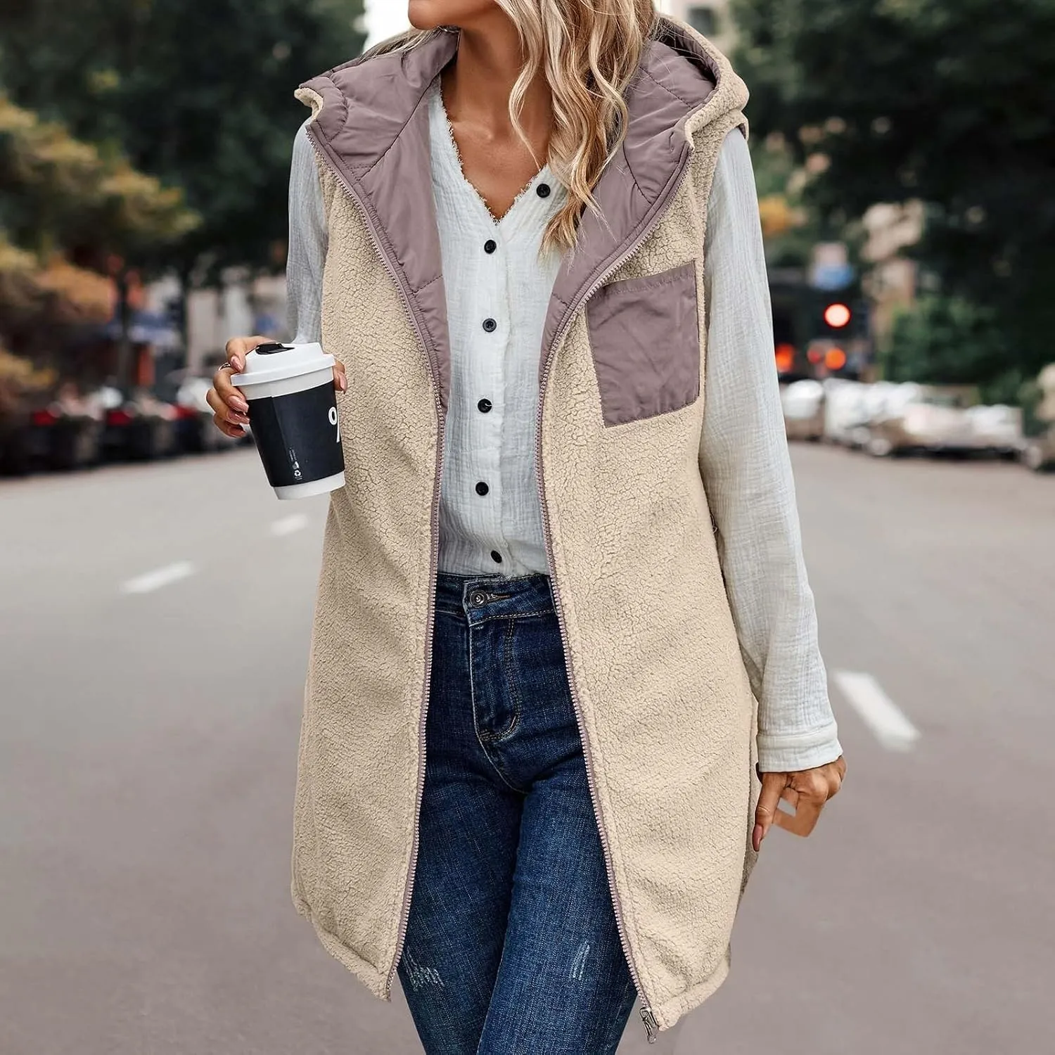 Women Long Puffer Vest Sleveless Fleece Jacket Hoodies Zip Up Down Coats 2024 Warm Winter Reversible Coat Outerwear