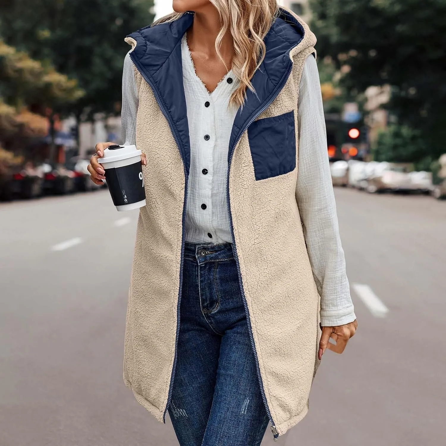 Women Long Puffer Vest Sleveless Fleece Jacket Hoodies Zip Up Down Coats 2024 Warm Winter Reversible Coat Outerwear