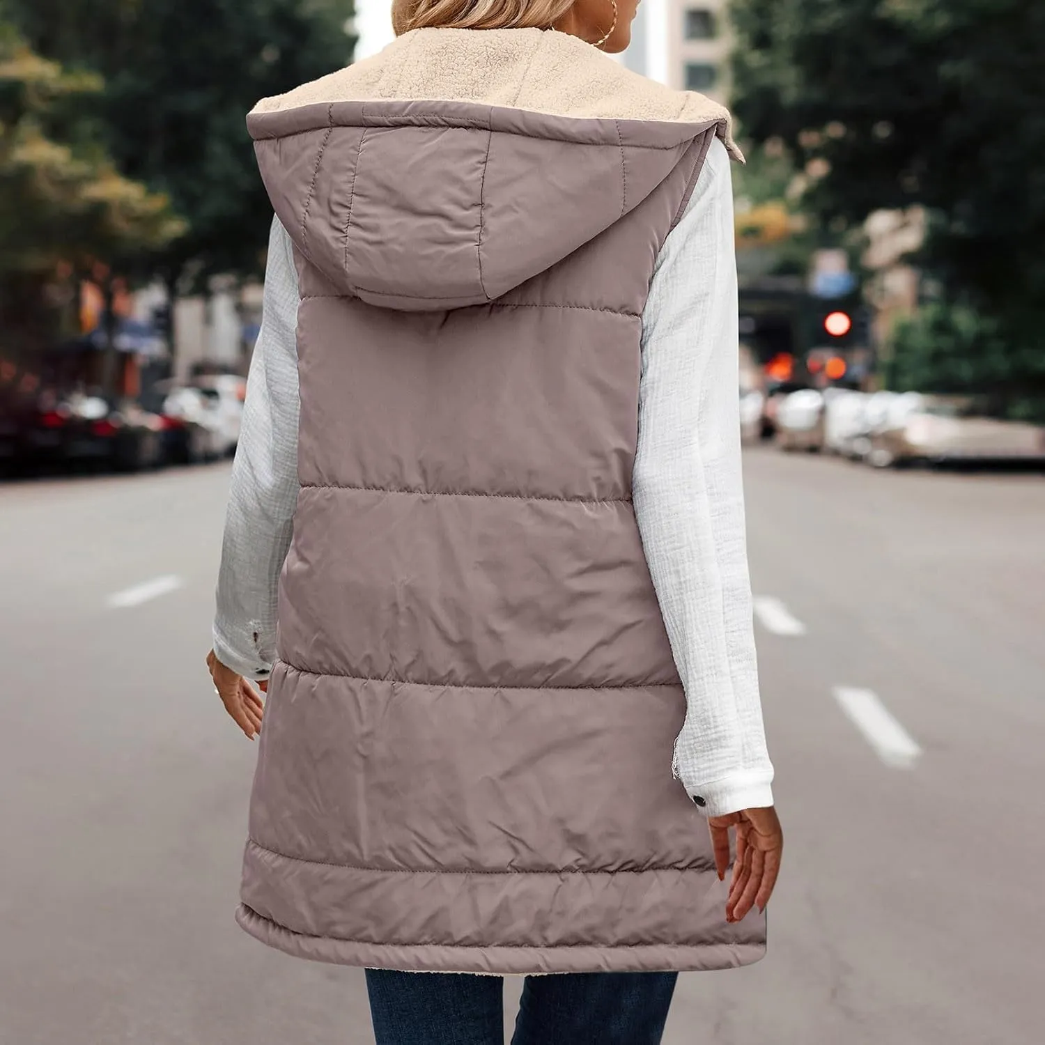 Women Long Puffer Vest Sleveless Fleece Jacket Hoodies Zip Up Down Coats 2024 Warm Winter Reversible Coat Outerwear