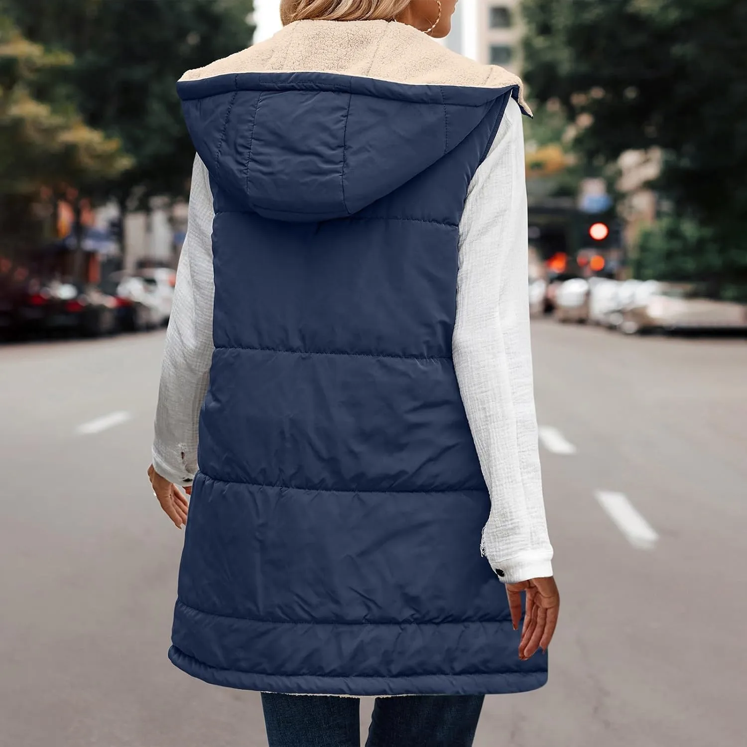 Women Long Puffer Vest Sleveless Fleece Jacket Hoodies Zip Up Down Coats 2024 Warm Winter Reversible Coat Outerwear