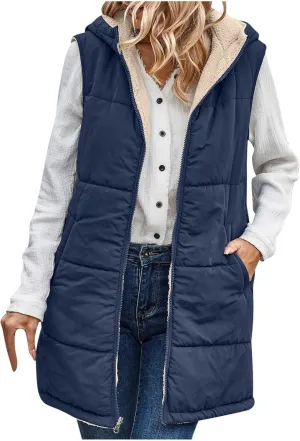 Women Long Puffer Vest Sleveless Fleece Jacket Hoodies Zip Up Down Coats 2024 Warm Winter Reversible Coat Outerwear