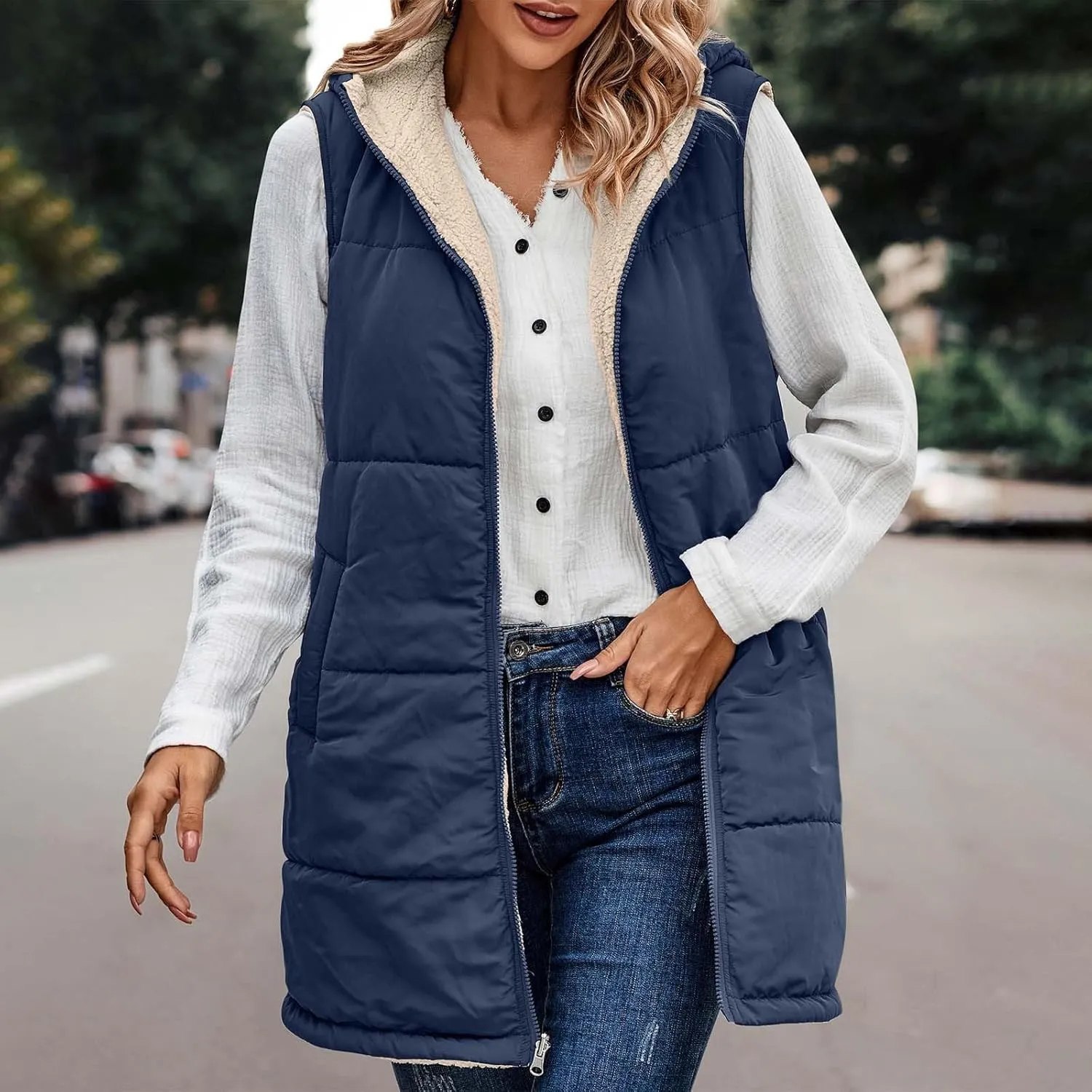 Women Long Puffer Vest Sleveless Fleece Jacket Hoodies Zip Up Down Coats 2024 Warm Winter Reversible Coat Outerwear