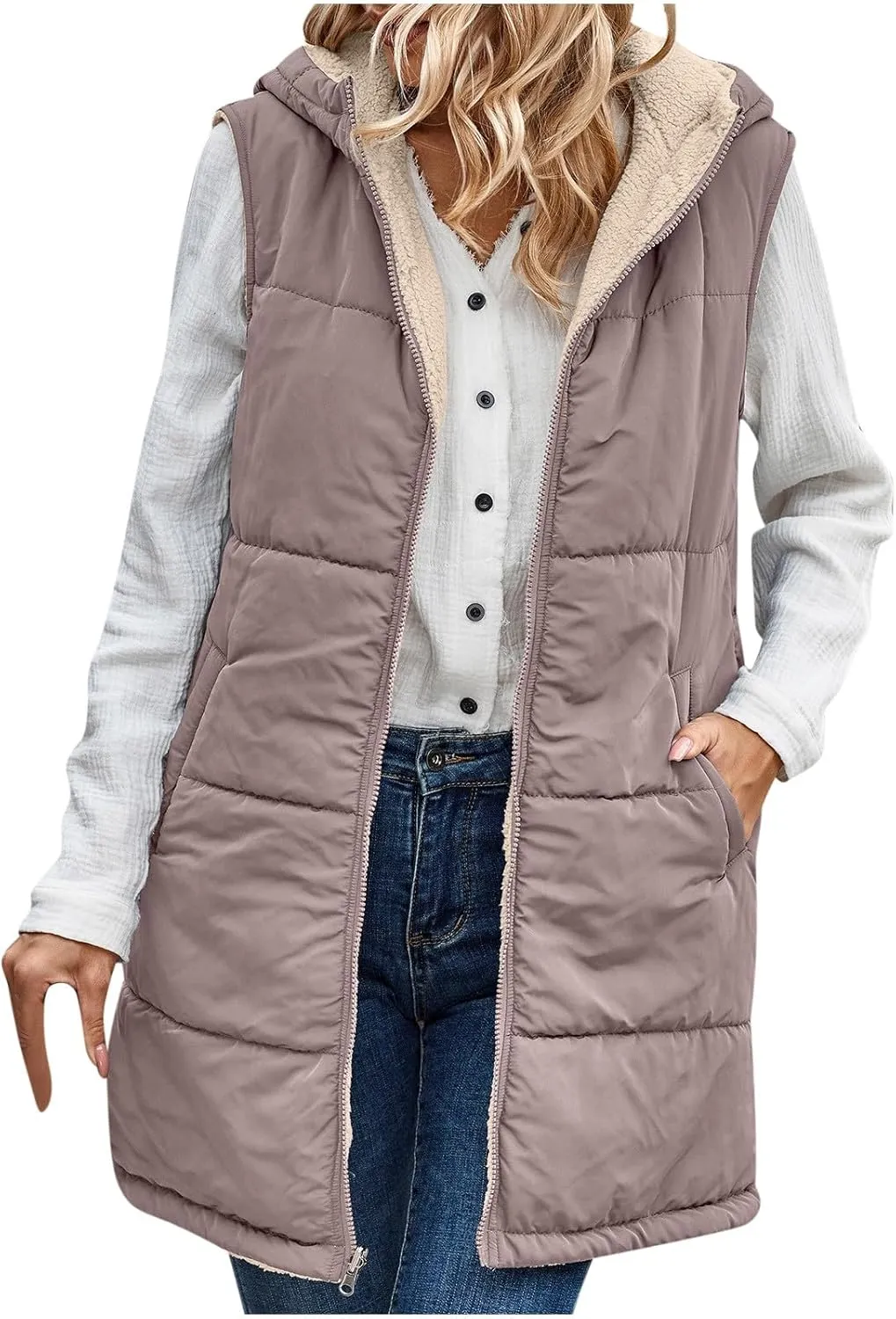 Women Long Puffer Vest Sleveless Fleece Jacket Hoodies Zip Up Down Coats 2024 Warm Winter Reversible Coat Outerwear