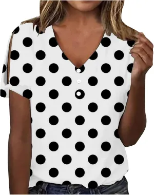 Women Polka Dot Tshirt Shirts Summer Fashion V-Neck Short Sleeve Tee Top Loose Trendy Button Decor Petite Tops Shirt